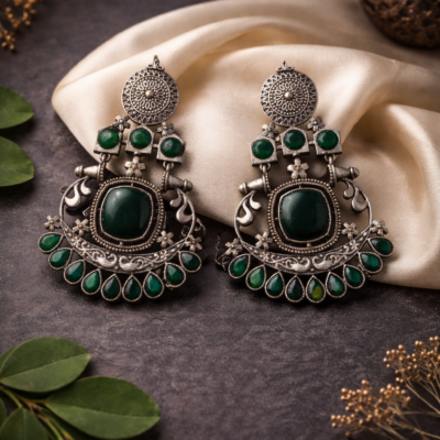 Meher Green Stone Oxidized Chandbali Earrings